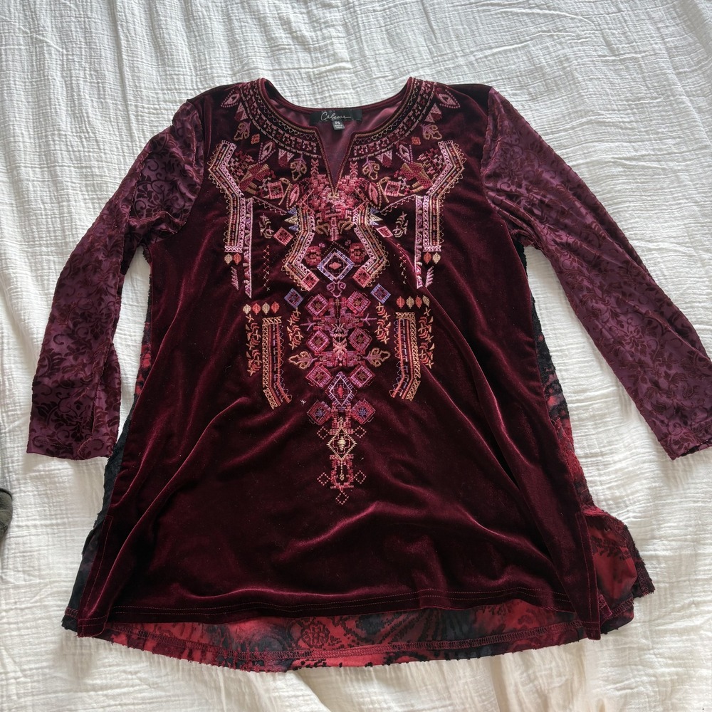 Caleesa Tunic Top Embroidered Velvet Burnout Burgundy Boho Mixed Media PS